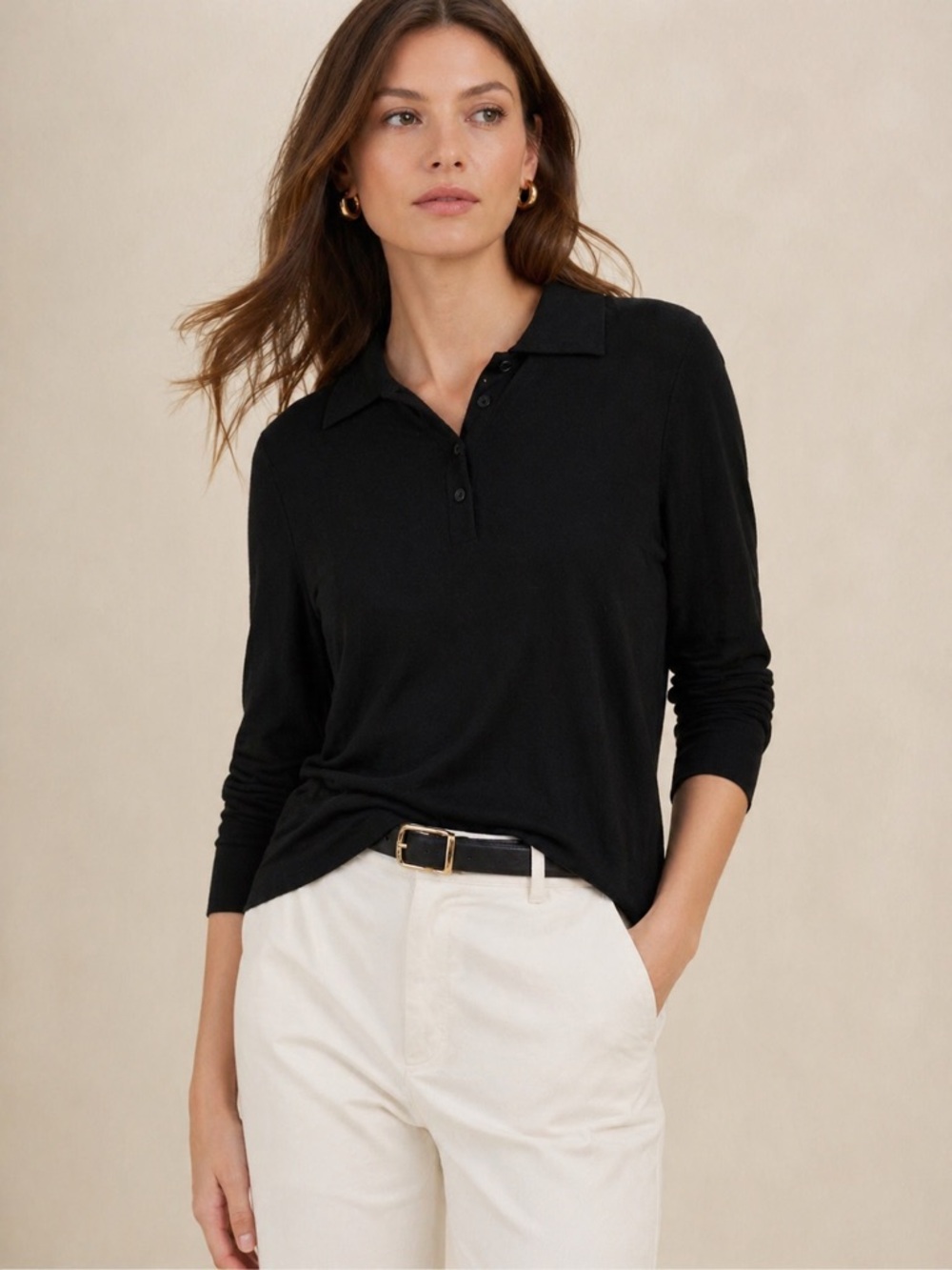 BANANA REPUBLIC Black Long Sleeve Polo Top M NWT Luxe Soft Stretch Minimal Chic